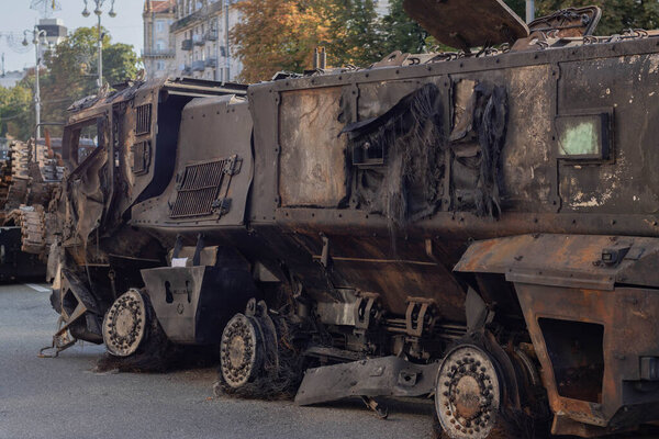Ukraine's Independence Day. Burnt and destroyed Russian tanks in the center of Kyiv on the Maidan.