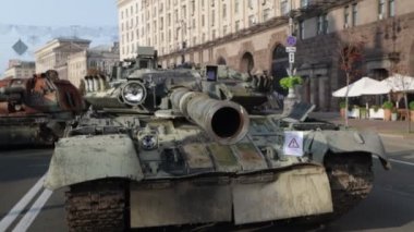 Destroyed Russian military equipment in the center of Kyiv on Khreschatyk. Parade of destroyed Russian tanks on the day of independence of Ukraine
