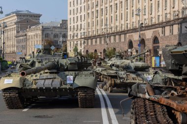 Destroyed Russian military equipment in the center of Kyiv on Khreschatyk. Parade of destroyed Russian tanks on the day of independence of Ukraine.