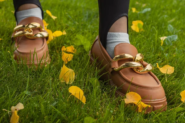 Düşen yapraklarla kaplı çimlerin üzerinde yürüyen bir kadının ayaklarını yakından izle. Sonbahar için bir konsept resim.