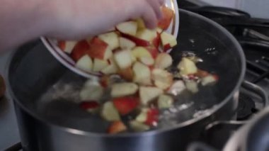Ukrayna 'nın içecek bilgisayarı. Pişirme işlemi. Haşlanmış elma ve kividen iç..