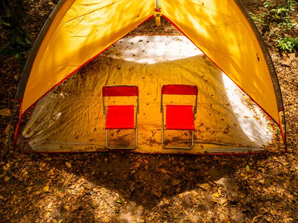 Chairs Tent Warm Sunlight Camping Tent Beautiful Sunlight Morning — Foto Stock