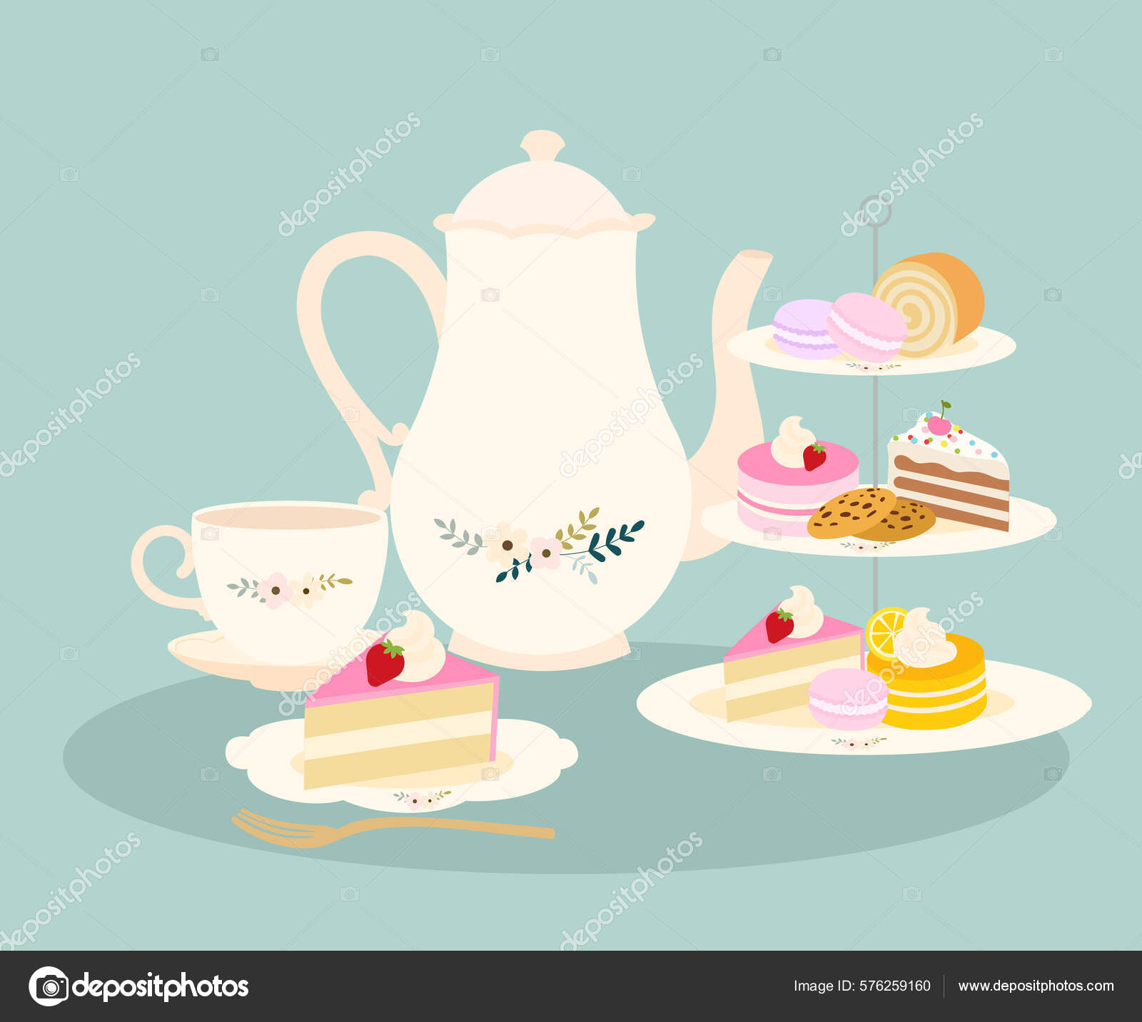 Ilustración Fiesta Alta Con Tetera Flores Taza Flores Soporte Pastel Vector  de stock #576259160 de ©nslittleshop.hotmail.nl, image size:1600x1433
