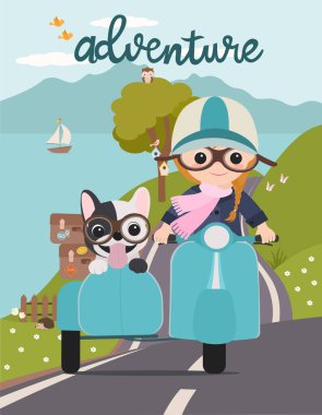 Mavi scooter 'lı kız şirin köpeği ve bavullarıyla macera gezisine çıkıyor. Göl kıyısındaki dağlarda araba sürerken