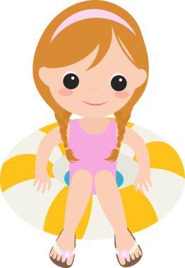 Yüzme havuzunda yüzen sarı çizgili tüplü kız.