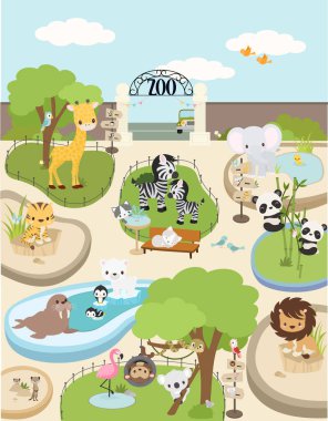 Şirin hayvanlı hayvanat bahçesi illüstrasyonu. Kaplan, panda, aslan. Fil, zürafa hepsi orada. Ama aynı zamanda tatlı bir kutup ayısı ve pinguenler oynuyor ve eğleniyorlar.