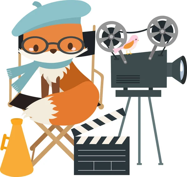 可爱的狐狸坐在电影导演的椅子上 戴着眼镜和贝雷帽 — 图库矢量图片