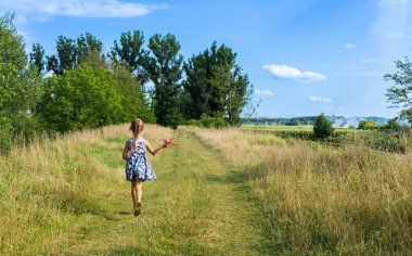 Güzel küçük kız, çimenlerde koşar ve kırmızı oyuncak bir uçak fırlatır. Küçük çocuk yaz tatilinde eğleniyor. Çocukluk ve seyahat tatili konsepti. Yüksek kalite fotoğraf