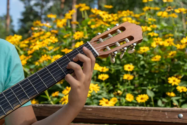 Fretboard of a wooden acoustic guitar in the hands of a boy on a background of flowers. High quality photo