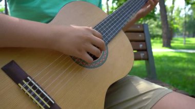 Müzisyen beceri eğitimi. Doğada canlı performans. Müzisyen doğada oturur ve akustik gitar çalar. Yüksek kalite 4k görüntü