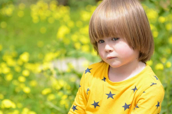 Uzun sarı saçlı, sevimli, pozitif çocuk. Sarı çiçeklerin arka planına yakın plan portresi. Metin için yer