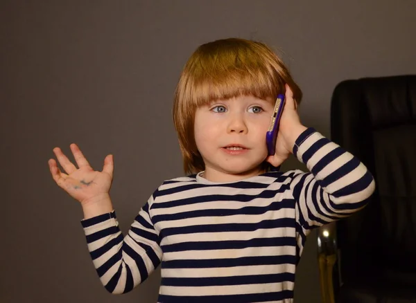 Cute Little Boy Striped Shirt Boy Three Years Old Emotions — Φωτογραφία Αρχείου