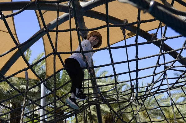 Happy Boy Cheering While Climbing Net Child Crawling Rope Mesh — стоковое фото