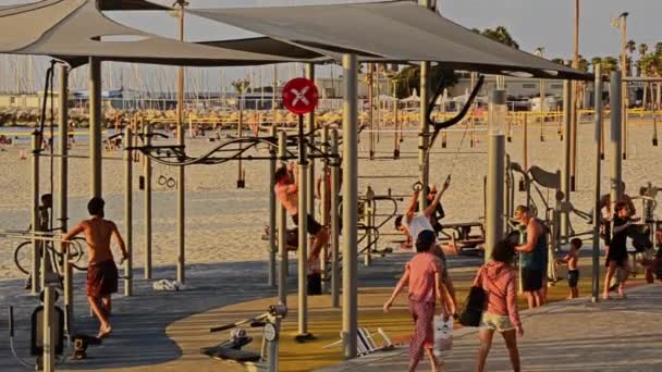 Men Exercise Open Air Gym Beach Tel Aviv — Vídeos de Stock