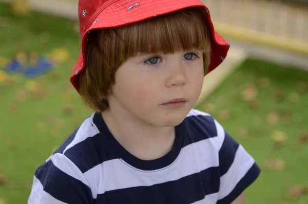 Funny Red Haired Boy Red Panama Face Close Portrait Sad — Foto de Stock