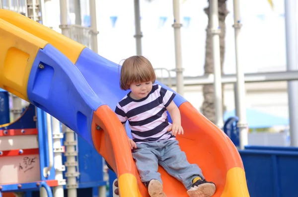 Child Playing Outdoor Playground Kids Play Kindergarten Yard Active Kid — Stock Photo, Image