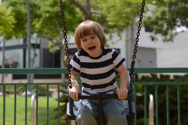 Küçük mutlu çocuk dışarıda salıncakta eğleniyor. Parkta salıncakta sallanan pozitif çocuk eğleniyor. Mutlu çocuk sallanmaktan zevk alır. Sevimli bir anaokulu çocuğu portresi.