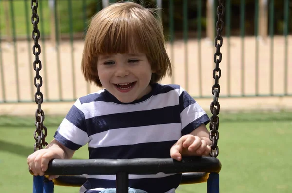 Küçük mutlu çocuk dışarıda salıncakta eğleniyor. Parkta salıncakta sallanan pozitif çocuk eğleniyor. Mutlu çocuk sallanmaktan zevk alır. Sevimli bir anaokulu çocuğu portresi.
