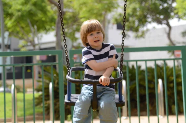 Küçük mutlu çocuk dışarıda salıncakta eğleniyor. Parkta salıncakta sallanan pozitif çocuk eğleniyor. Mutlu çocuk sallanmaktan zevk alır. Sevimli bir anaokulu çocuğu portresi.