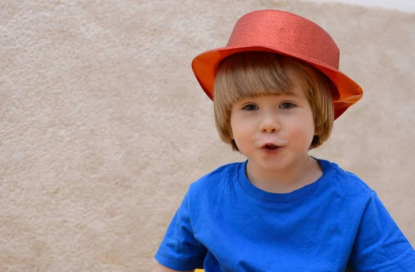 Funny Little Boy Red Shiny Clown Hat Space Text Isolate — Φωτογραφία Αρχείου