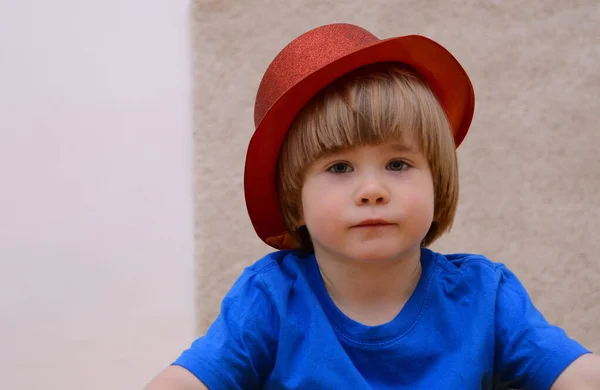 Funny Little Boy Red Shiny Clown Hat Space Text Isolate — Φωτογραφία Αρχείου