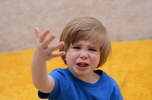 Little Boy Crying Child Offended Sad Kid Portrait Blonde Boy — Foto de Stock