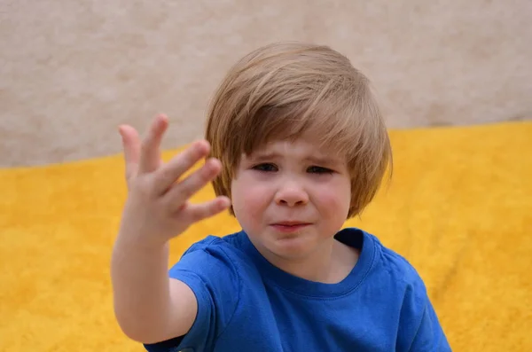 Little Boy Crying Child Offended Sad Kid Portrait Blonde Boy — 스톡 사진