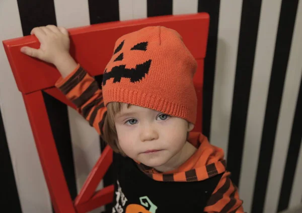 Cute Little Boy Celebrating Halloween Little Jack Olenter Pumpkin — Stock Photo, Image