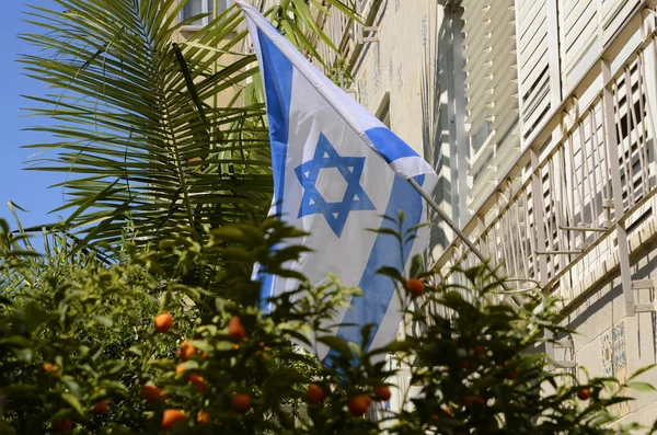 Flag of Israel. Israel flag close up shot on a background of blue sky. White and blue colors. Israel flag waving against clean blue sky