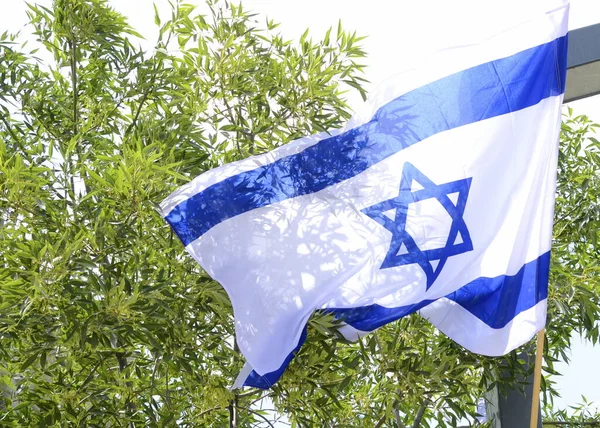Flag of Israel. Israel flag close up shot on a background of blue sky. White and blue colors. Israel flag waving against clean blue sky