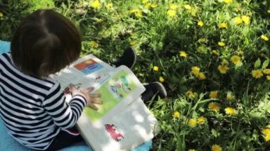 A little boy sits on a green meadow with yellow flowers and leafs through a book. The child reads fairy tales