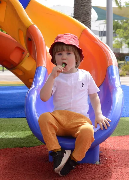 Mutlu gülümseyen bir çocuk. 3 yaşında, sarışın. Sevimli bir çocuk parkta gülüyor ve elinde yeşil bir lolipop tutuyor. Konsept: iyi ruh hali, aile tatili