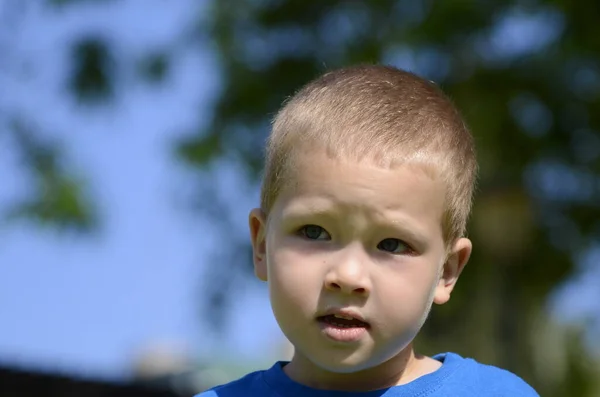 一个5岁的金发男孩的画像 面部特写 蓝眼睛 表情严肃 — 图库照片