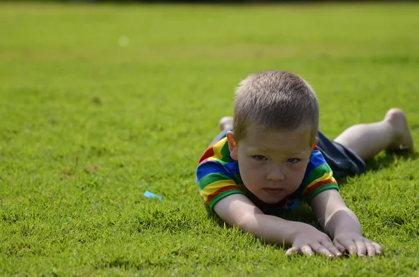 Ein Kleiner Blonder Junge Liegt Auf Dem Hellgrünen Gras Das — Stockfoto
