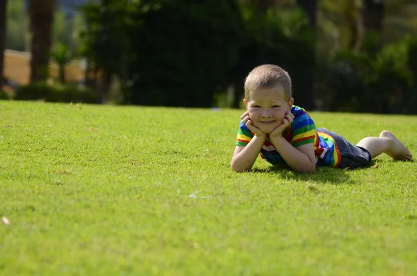 Positives Kind Auf Dem Grünen Rasen Park Junge Jahre Alt — Stockfoto