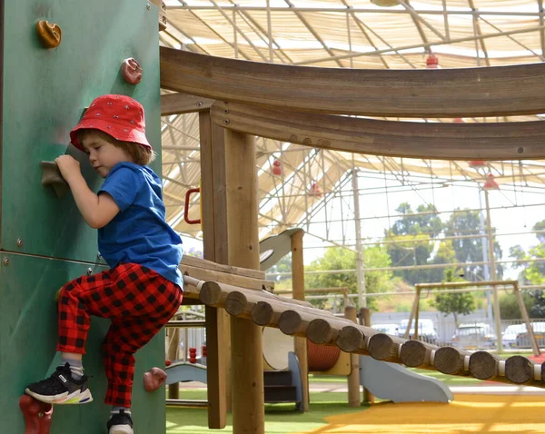 Little Boy Red Panama Hat Playground Active Child Explores World — Stock Photo, Image