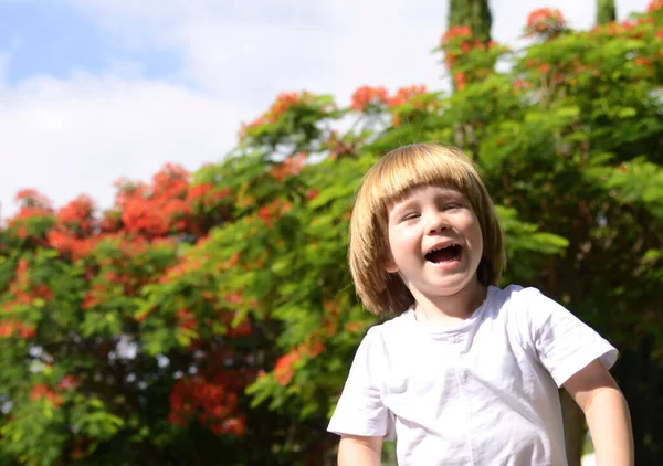 かわいい子ね 3歳の子供は 花の木の肖像画です 晴れた夏の日に笑顔のテキスト 肯定的な子供のためのスペース — ストック写真