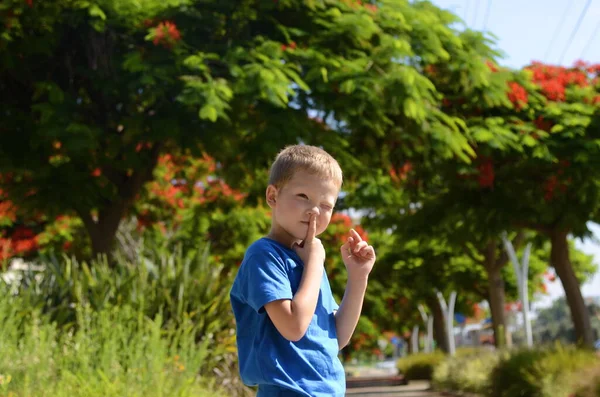 Porträt Eines Kleinen Jungen Vor Dem Hintergrund Eines Blühenden Baumes — Stockfoto