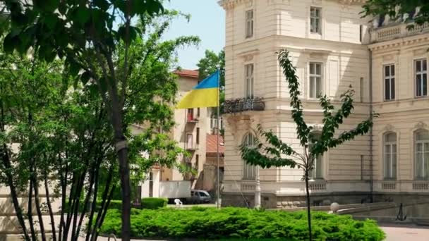LivvのPotocki宮殿 風の中でウクライナのフラグ 黄色の旗は独立と回復力の象徴です — ストック動画