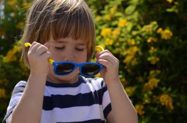 Güneş gözlüklü küçük bir çocuğun portresi. Çiçekli bir çalılığın önünde bir çocuk. Konsept: tatiller, yaz kampı, anaokulu, aile tatili, çocukluk. Komik çocuk.