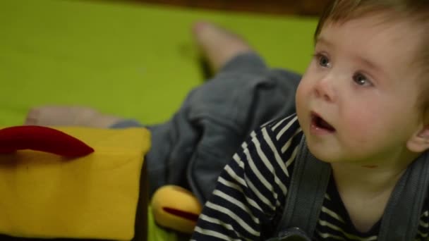 かわいい6ヶ月の男の子は 軽い緑のカーペットの上で自宅でおもちゃのツールで遊ぶ 閉じて子供はおもちゃを噛んだ 新生児は世界を探検する — ストック動画