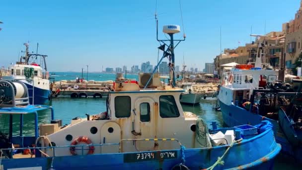 Israel Oude Jaffa Juli 2022 Zeehaven Oude Vissersboot Vlag Van — Stockvideo