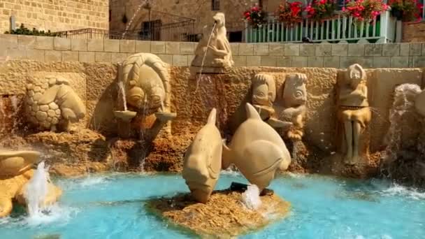 Fountain Zodiac Signs Old Jaffa Israel Slow Motion Sunny Day — Stock video