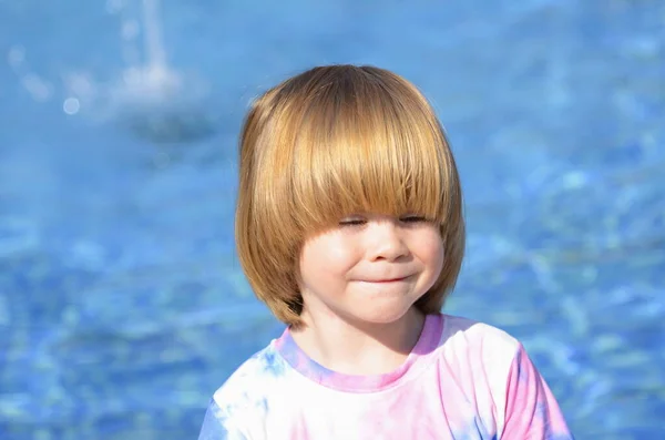 Portrait Cute Little Boy Background Pool Summer Family Holidays Travel — стоковое фото