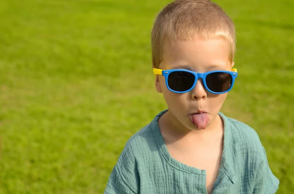 Portrait Five Year Old Boy Black Sunglasses Green Lawn Child — Stockfoto