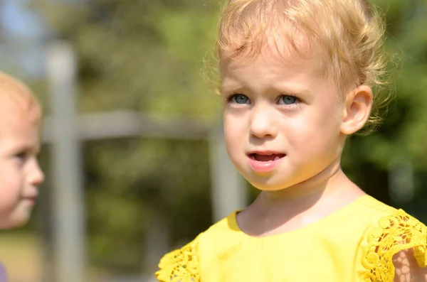 Portrait Cute Little Girl Yellow Dress Baby Years Old Blond — Fotografia de Stock