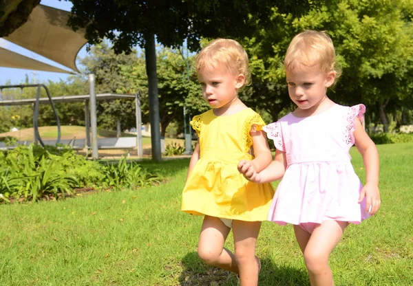 Cute Twin Girls Two Years Old Blonde Girls Yellow Pink — Fotografia de Stock