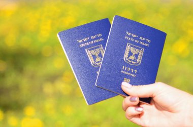 Israeli passport Darkon. A woman's hand is holding two Israeli biometric passports. Concept: travel, citizenship, emigration. Beautiful background, green grass and yellow flowers