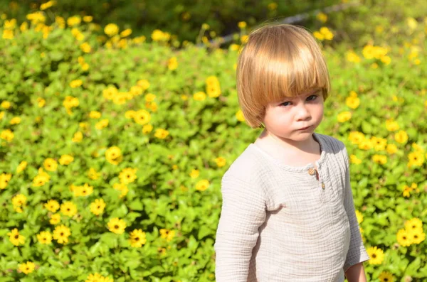 Cute Positive Little Boy Long Blond Hair Close Portrait Background — Foto de Stock