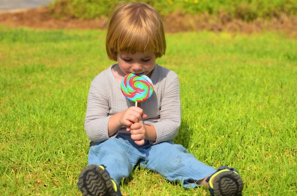 Emotions Child Portrait Little Positive Boy Big Candy Stick Multi — Stock fotografie